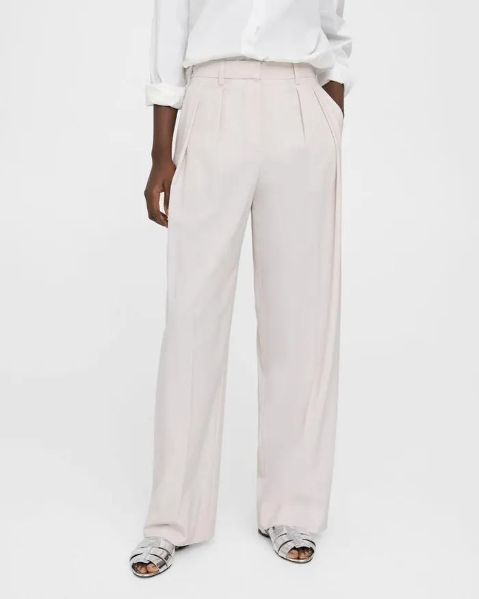 Pants Women Theory Pleated WideLeg Pant In Stretch Wool Sand Pants Women Theory Pleated WideLeg Pant In Stretch Wool Sand