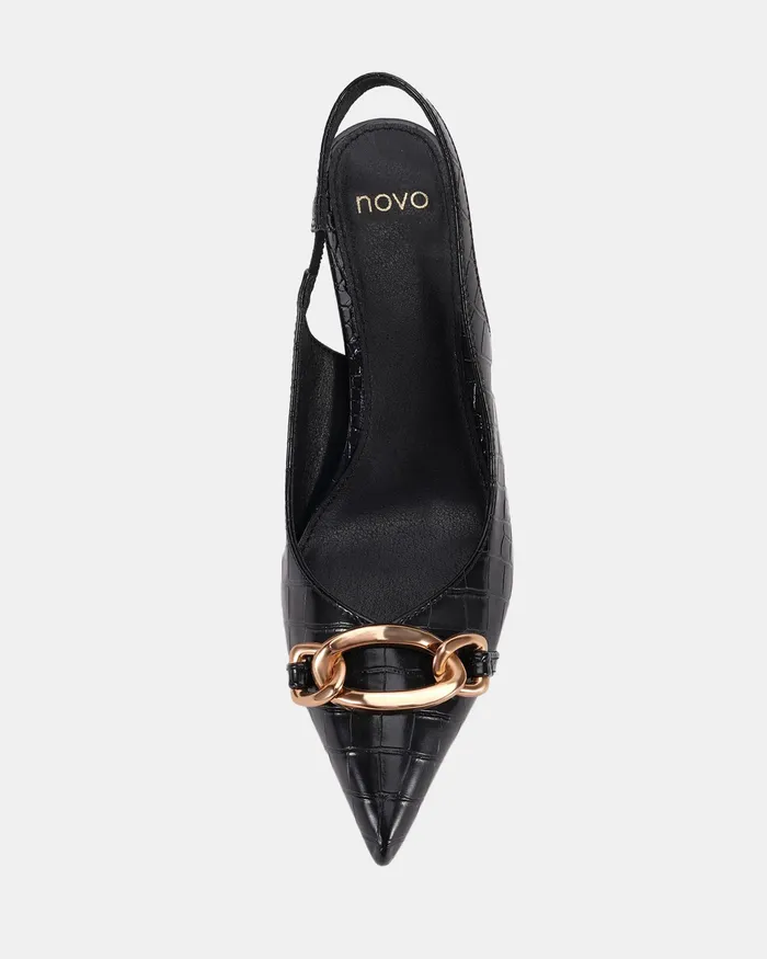 Party Women NOVO Shoes IDALIA Black Croc Pumps