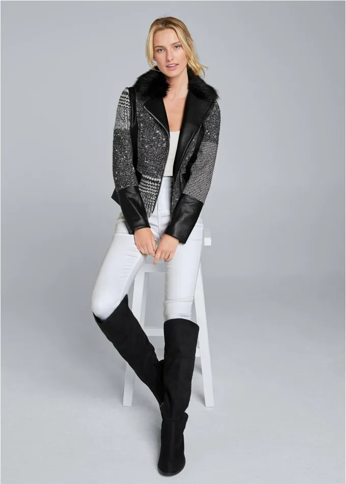 PATCHWORK PLAID PRINT COAT Black Multi Women VENUS Jackets