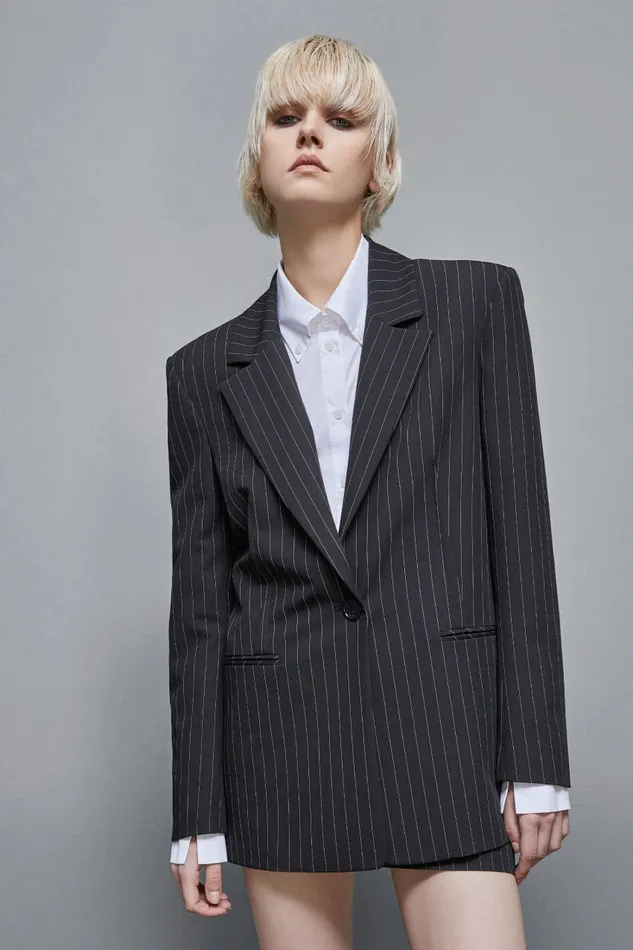 Patrizia Pepe Tailleur Pinstriped OneButton Flannel Blazer Black 8211 Women