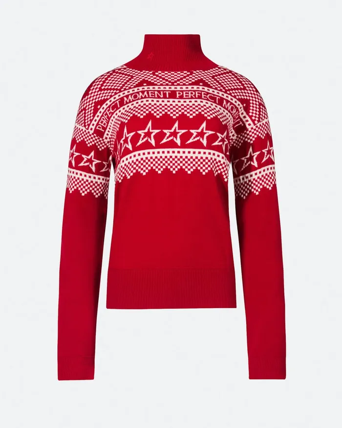 Perfect Moment IntarsiaKnit Merino Wool Turtleneck Red Women Knitwear