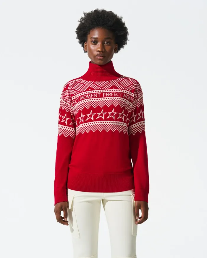 Perfect Moment IntarsiaKnit Merino Wool Turtleneck Red Women Knitwear