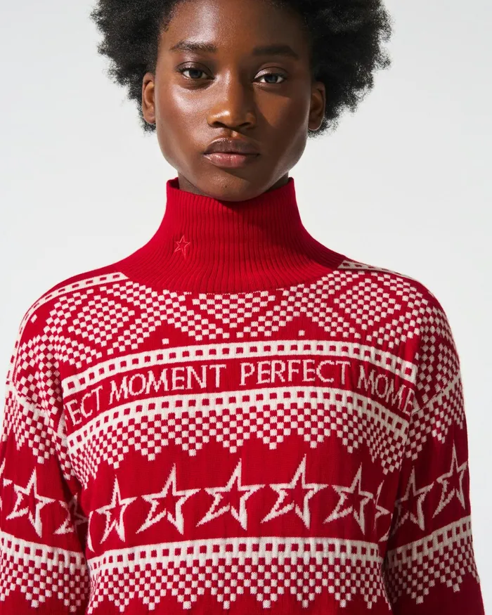 Perfect Moment IntarsiaKnit Merino Wool Turtleneck Red Women Knitwear