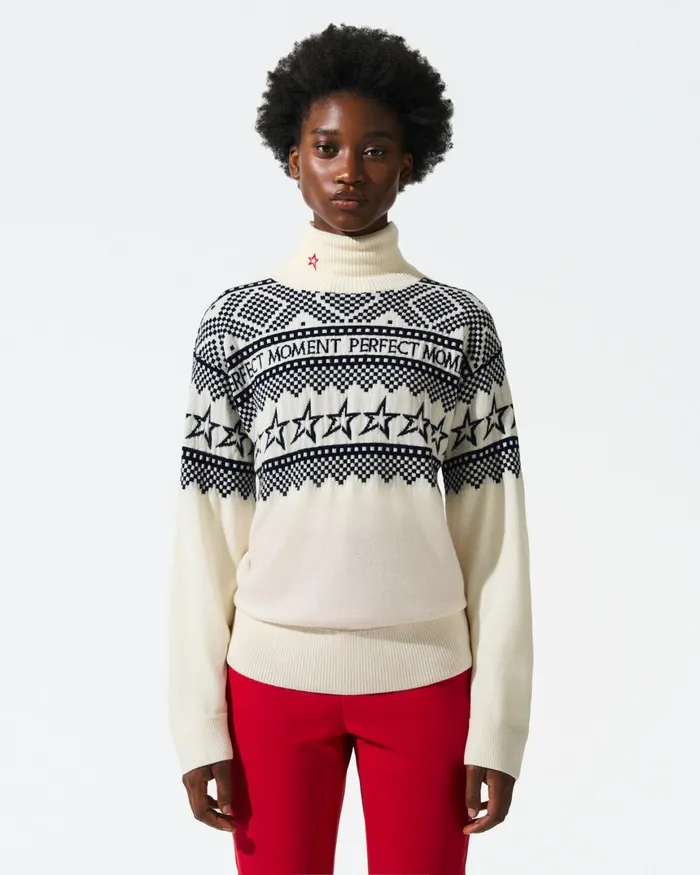 Perfect Moment IntarsiaKnit Merino Wool Turtleneck White Women Tops