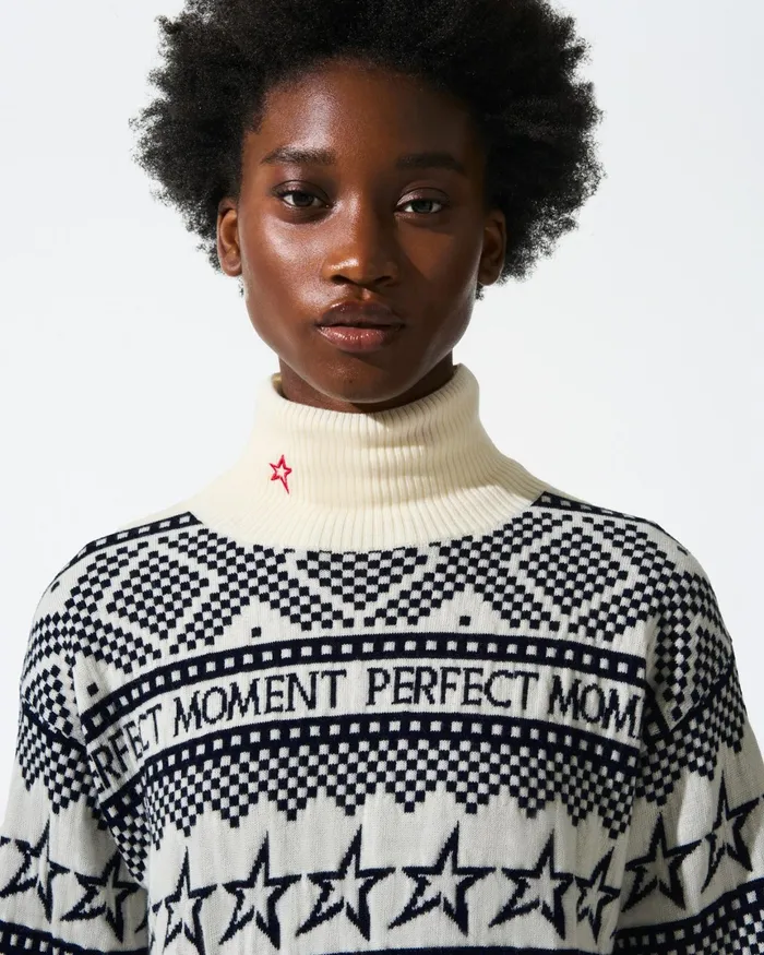 Perfect Moment IntarsiaKnit Merino Wool Turtleneck White Women Tops