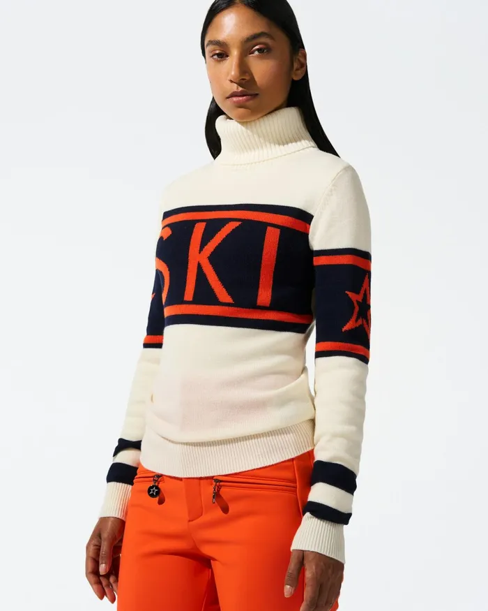 Perfect Moment Schild Merino Wool Sweater Orange and Navy Women Tops