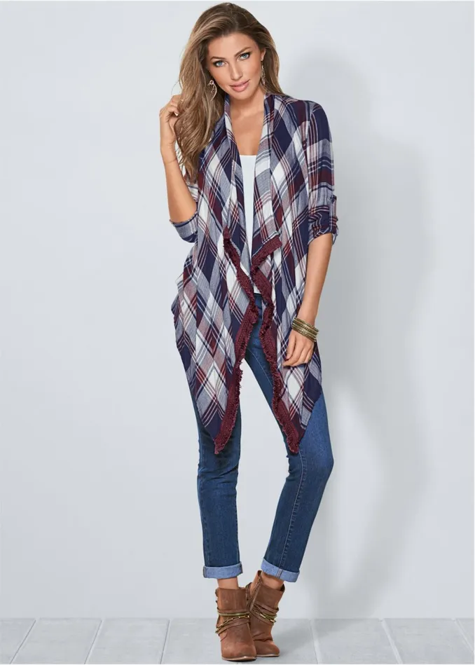 PLAID AND FRINGE CARDIGAN Navy Multi Women VENUS Cardigans and Dusters