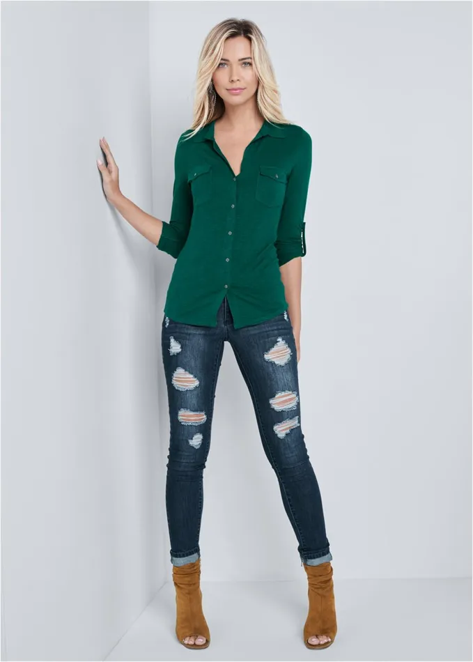 Pocket ButtonUp Top Green Women VENUS Casual Tops