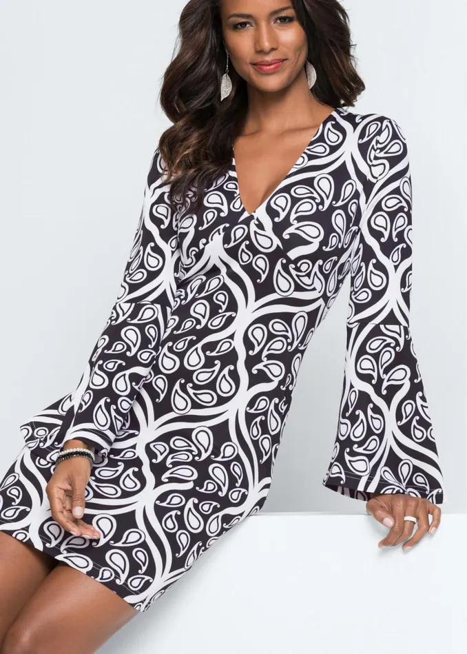 PRINTED VNECK DRESS Black and White Women VENUS Short Dresses