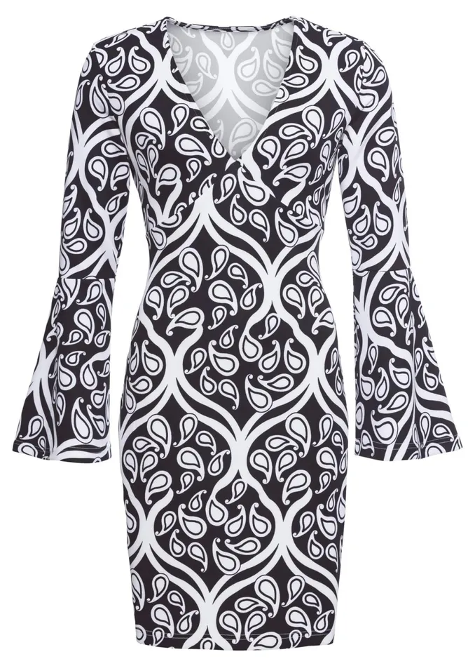 PRINTED VNECK DRESS Black and White Women VENUS Short Dresses