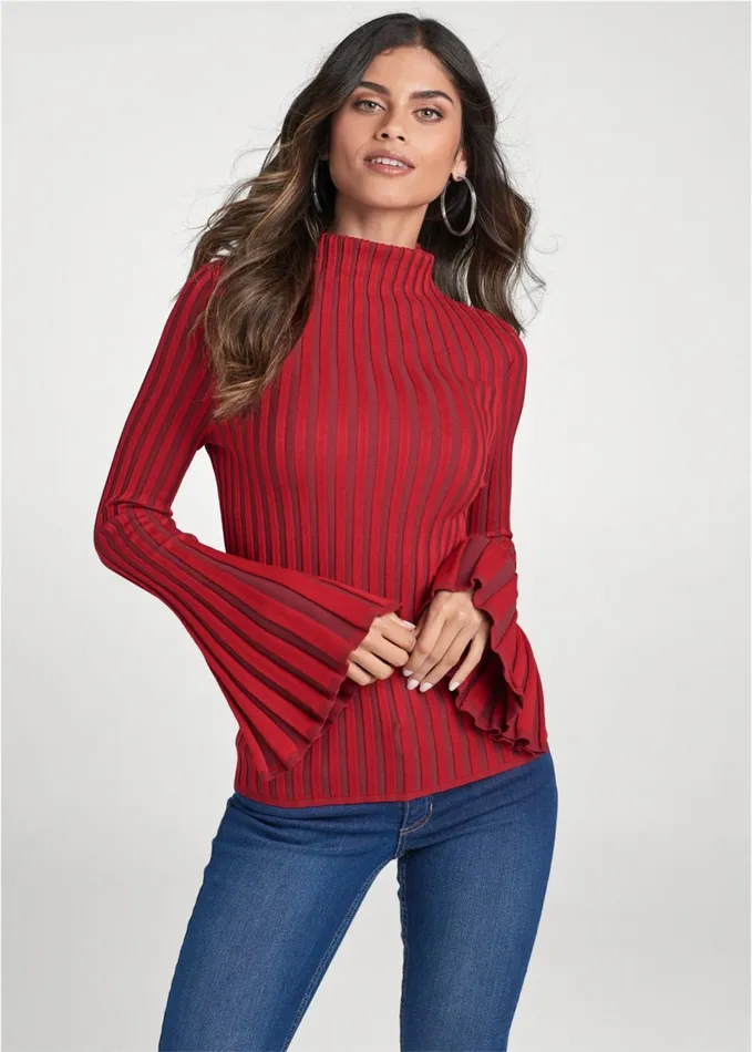 RIBBED BELL SLEEVE SWEATER Red Multi Women VENUS Turtleneck and Mock Neck