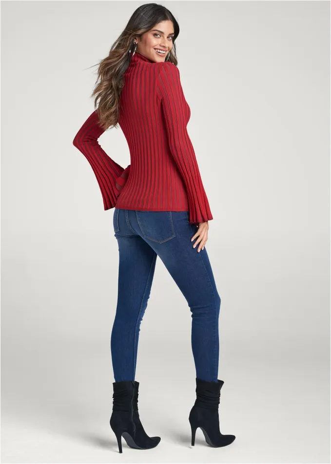 RIBBED BELL SLEEVE SWEATER Red Multi Women VENUS Turtleneck and Mock Neck