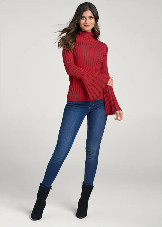 RIBBED BELL SLEEVE SWEATER Red Multi Women VENUS Turtleneck and Mock Neck