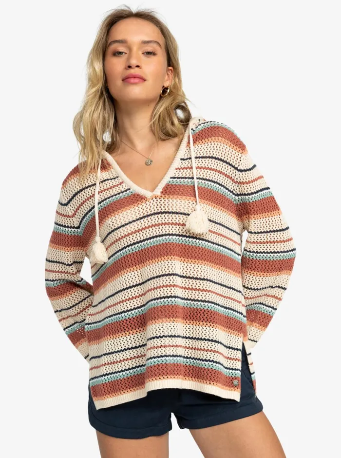 Roxy Sweaters After Beach Break Stripe Poncho Hoodie Tapioca Heart Stripe 8211 Women Roxy Sweaters After Beach Break Stripe Poncho Hoodie Tapioca Heart Stripe 8211 Women