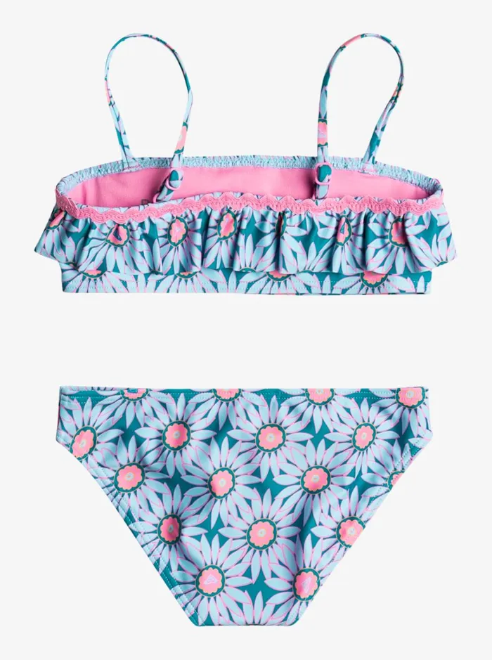 Roxy Swim Girl039s 27 Bold Florals Two Piece Bandeau Bikini Set Crystal Teal Sol Flower 8211 Women