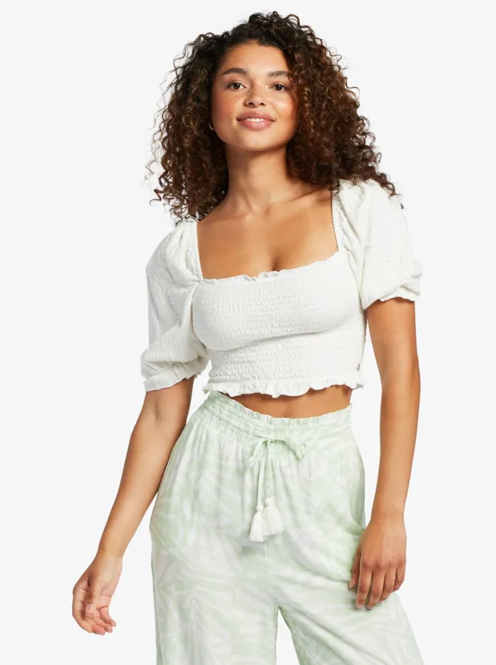Roxy Tops Sunset Walks Puff Sleeve Crop Top Snow White 8211 Women