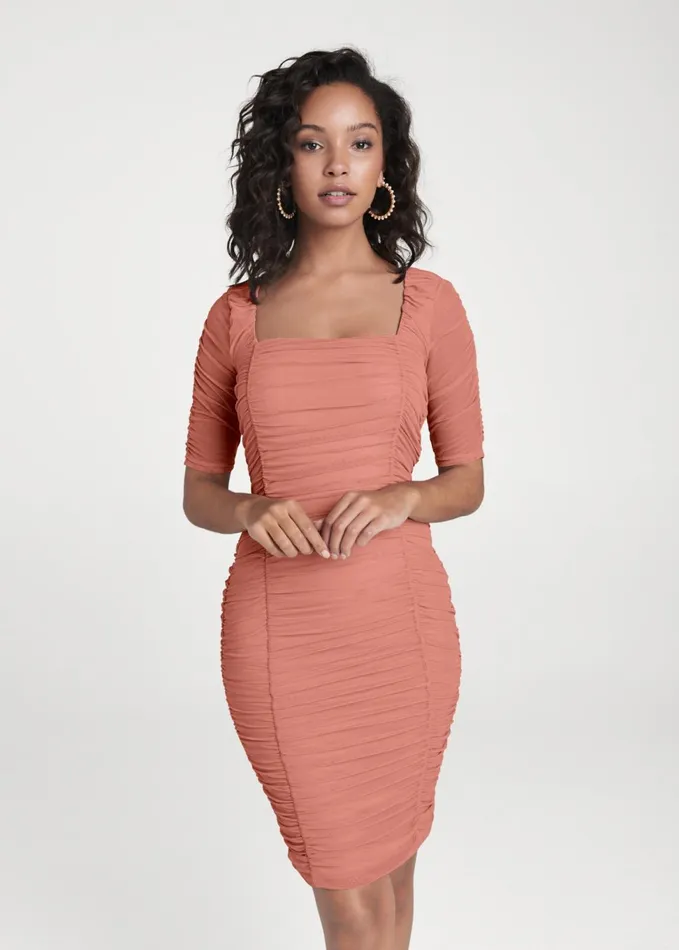 RUCHED MESH BODYCON DRESS Blush Women VENUS Midi Dresses