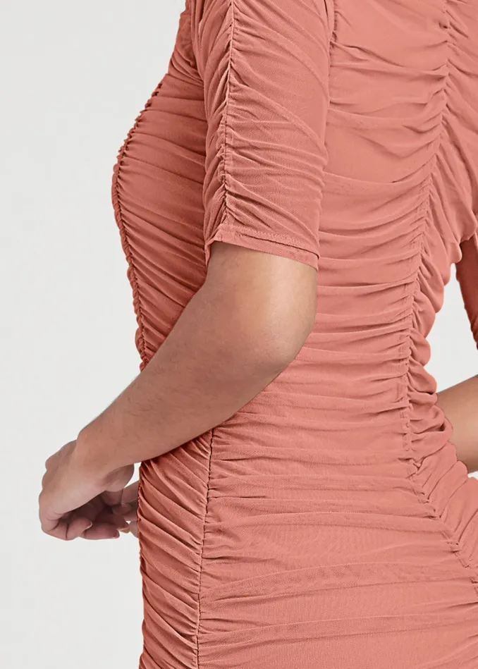 RUCHED MESH BODYCON DRESS Blush Women VENUS Midi Dresses