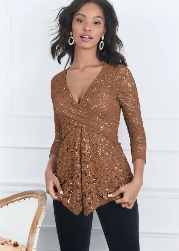 SEQUIN LACE SURPLICE TOP Brown Women VENUS Night Out Tops