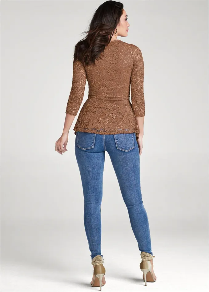 SEQUIN LACE SURPLICE TOP Brown Women VENUS Night Out Tops