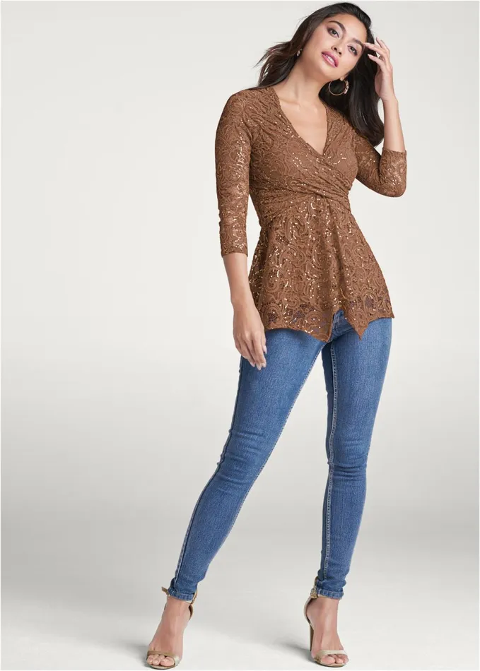 SEQUIN LACE SURPLICE TOP Brown Women VENUS Night Out Tops