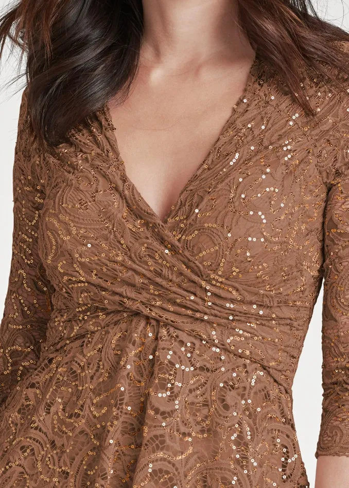SEQUIN LACE SURPLICE TOP Brown Women VENUS Night Out Tops