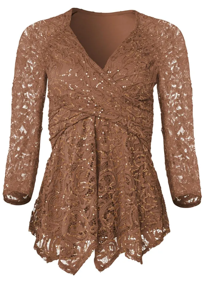 SEQUIN LACE SURPLICE TOP Brown Women VENUS Night Out Tops