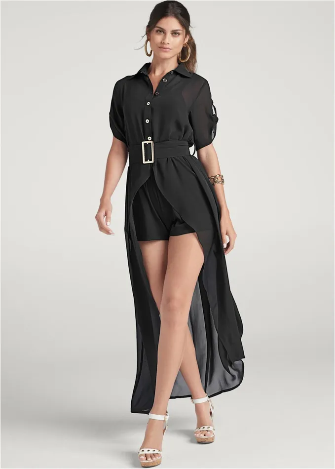 SHEER OVERLAY BELTED ROMPER Black Women VENUS Rompers