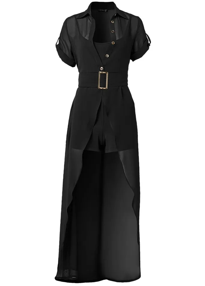 SHEER OVERLAY BELTED ROMPER Black Women VENUS Rompers SHEER OVERLAY BELTED ROMPER Black Women VENUS Rompers