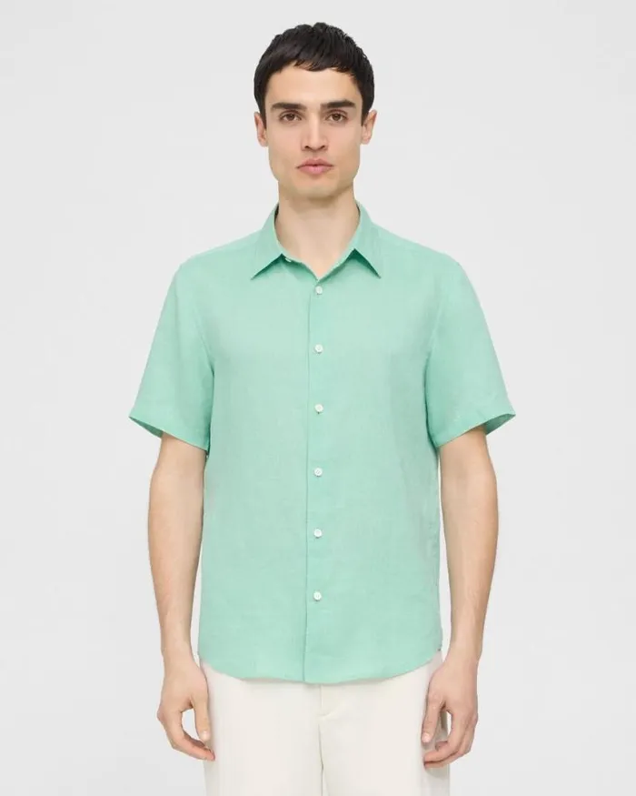 Shirts Men Theory Irving ShortSleeve Shirt In Relaxed Linen Celadon
