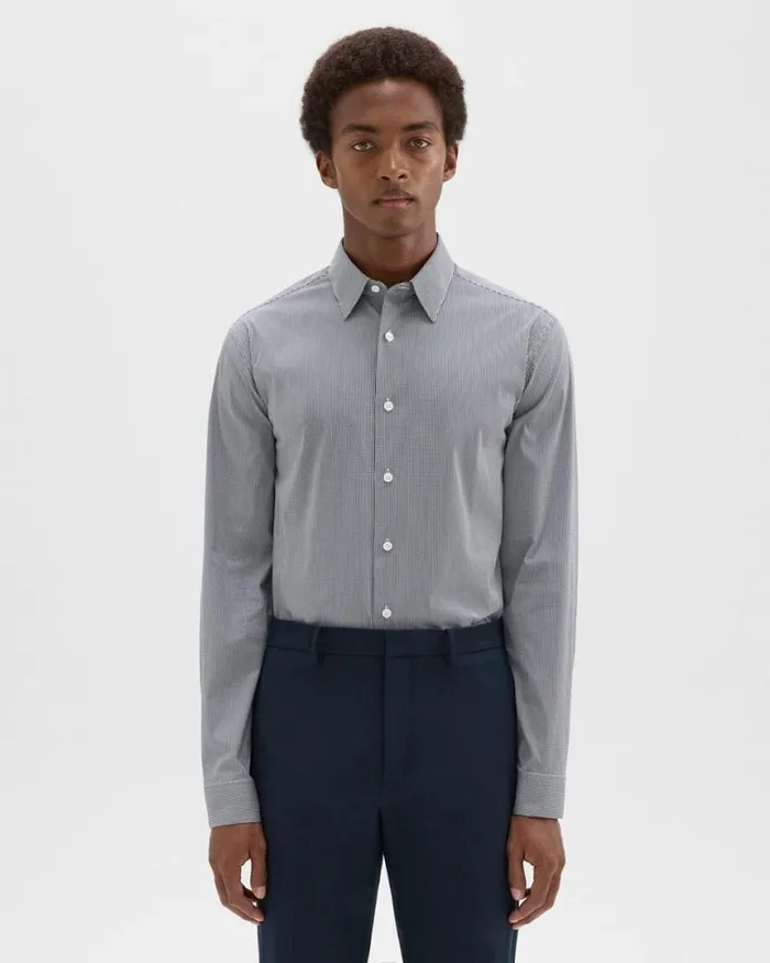 Shirts Men Theory StandardFit Shirt In Checked Stretch Cotton Whitenavy