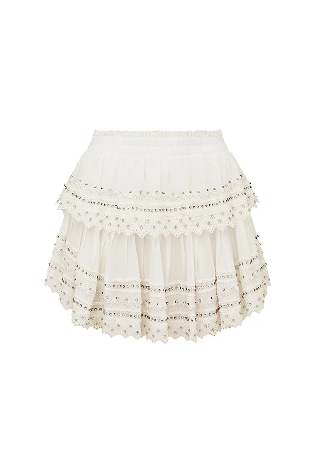 Skirts Women LoveShackFancy Ruffle Mini RhinestoneStudded Skirt White