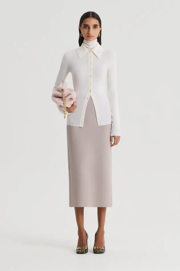 Skirts Women Scanlan Theodore CREPE KNIT PENCIL SKIRT MIDI Oyster