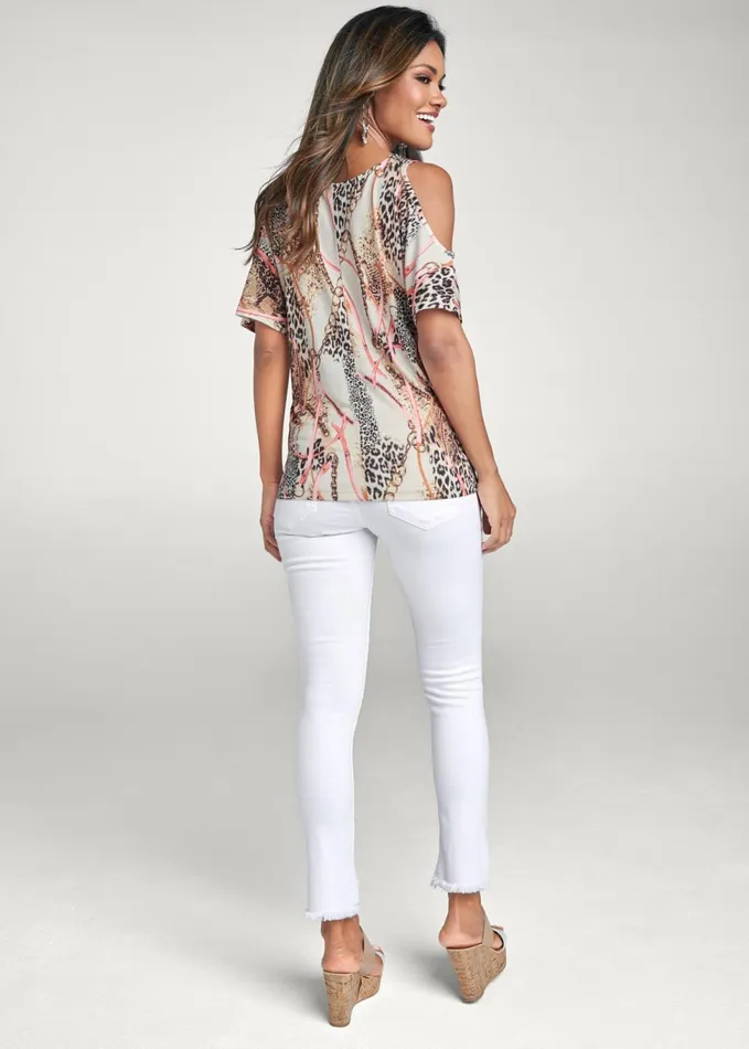 SLIT DETAIL PRINTED TOP White Multi Women VENUS Short Sleeve Tops