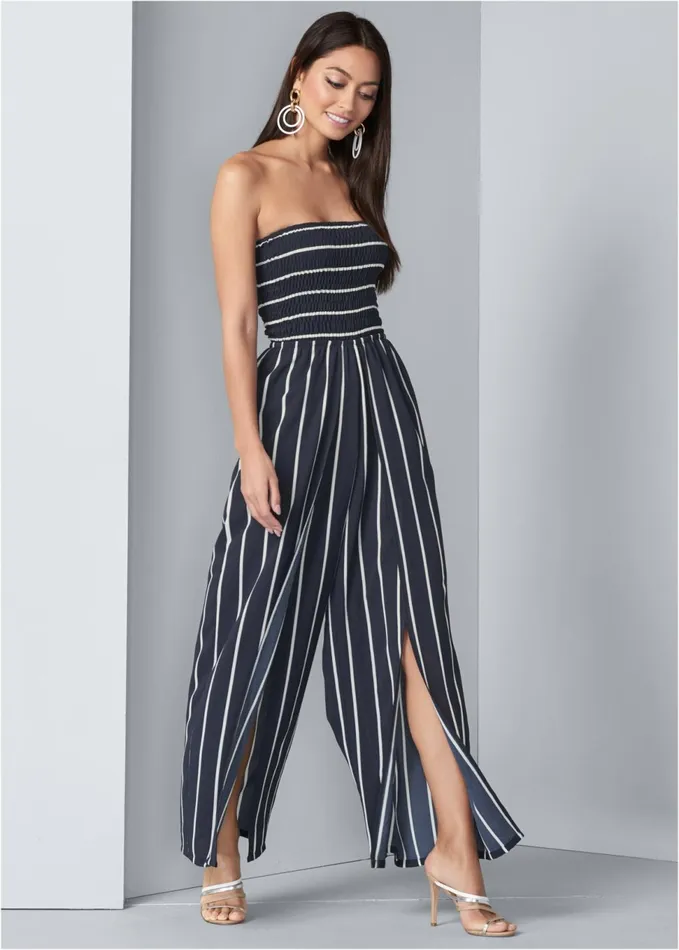 SMOCKED STRAPLESS JUMPSUIT Navy and White Women VENUS Casual Jumpsuits and Rompers SMOCKED STRAPLESS JUMPSUIT Navy and White Women VENUS Casual Jumpsuits and Rompers