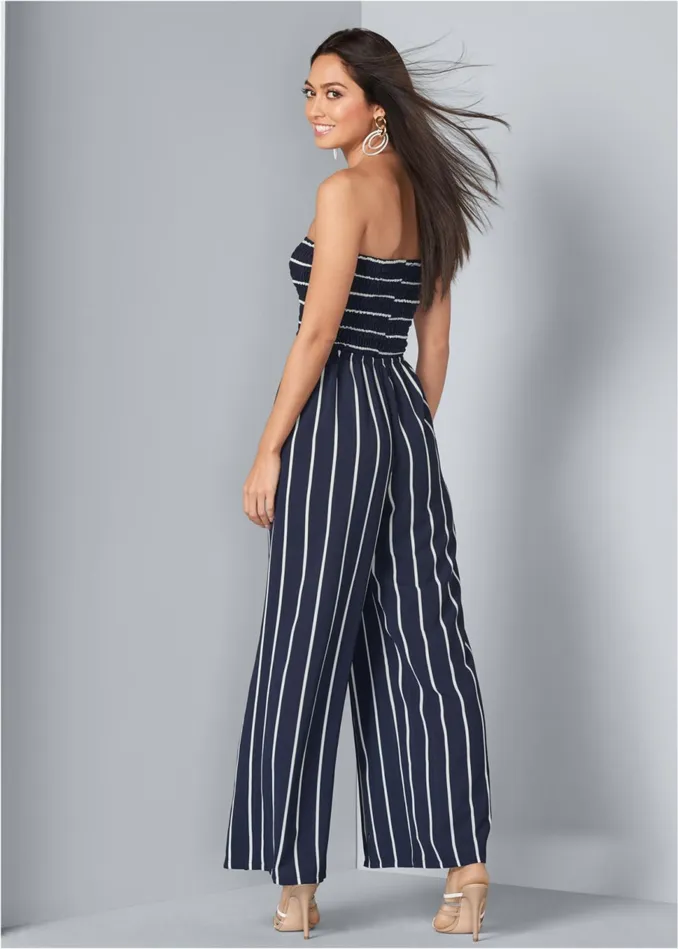 SMOCKED STRAPLESS JUMPSUIT Navy and White Women VENUS Casual Jumpsuits and Rompers