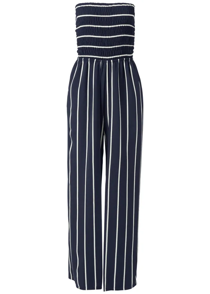 SMOCKED STRAPLESS JUMPSUIT Navy and White Women VENUS Casual Jumpsuits and Rompers