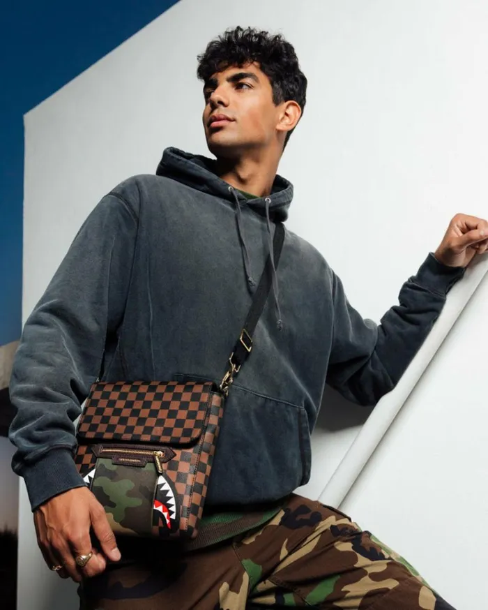 SPRAYGROUND EXTERIOR GOLD ZIP POCKET SHARKS IN PARIS MESSENGER SLING BAG Bags