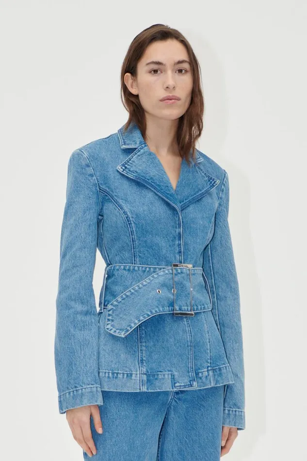 Stine Goya Denim Belted Tailored Jacket 8211 Denim Blue 8211 Women