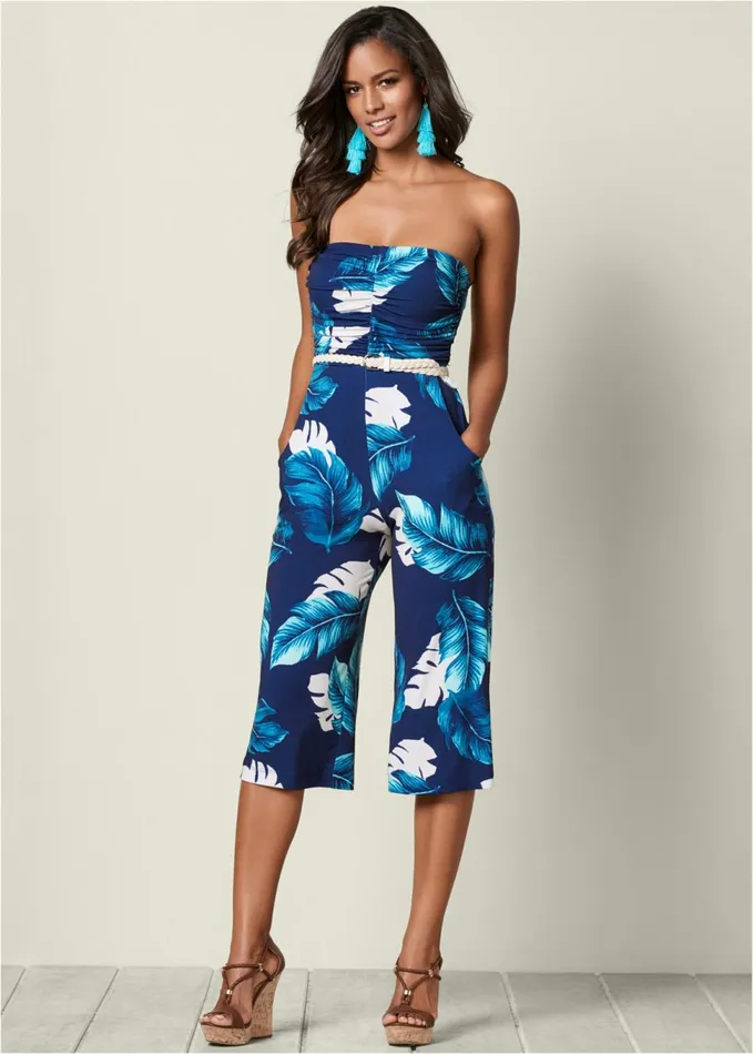 STRAPLESS CULOTTE JUMPSUIT Navy Multi Women VENUS Occasion Jumpsuits and Rompers