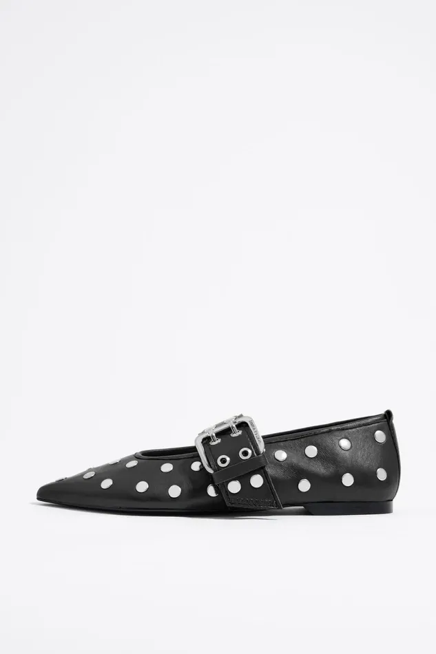 Studded Black Leather Ballerina Black Women Bimba Y Lola Ballerinas