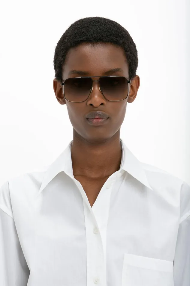 Sunglasses Women Victoria Beckham Double Bridge VLine Navigator In GoldBlackBrown