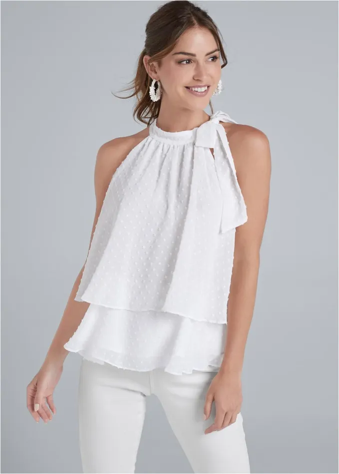 SWISS DOT MOCK NECK TOP White Women VENUS Night Out Tops