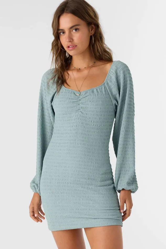 TEGAN SMOCKED KNIT LONG SLEEVE MINI DRESS Silver Blue Women O039NEILL Clothing