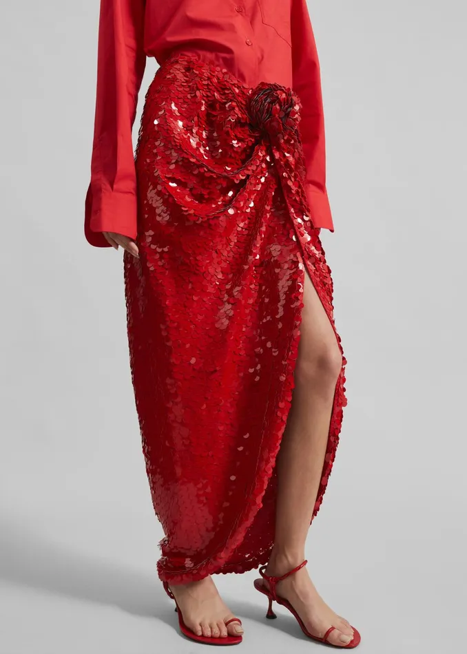 The Frankie Shop Bottoms Rotate Asymmetric Sequin Skirt 8211 Racing Red 8211 Women