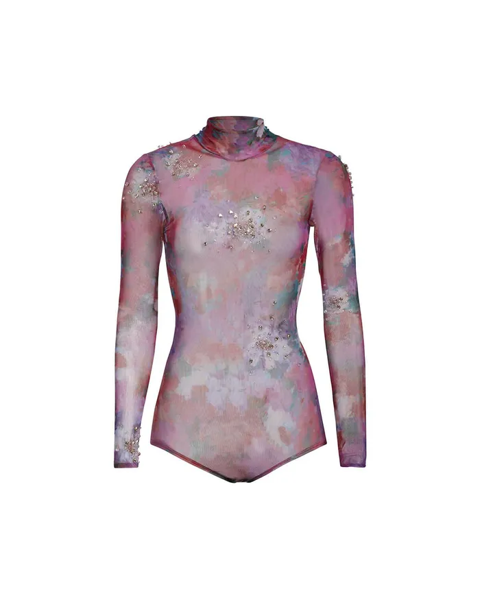 Tops and Bodysuits Women PatBO HandBeaded Printed Tulle Bodysuit FALL RUNWAY