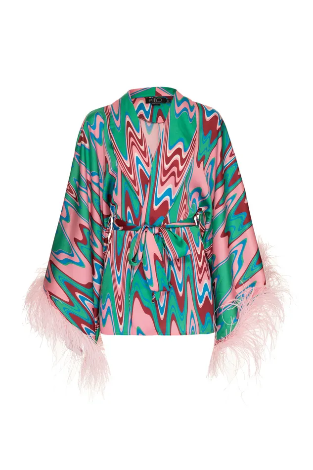 Tops and Bodysuits Women PatBO Wave Feather Trim Kimono EXCLUSIVEFINAL SALE