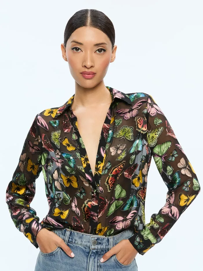 Tops Women Alice Olivia Eloise Button Down Boundless Butterfly Black
