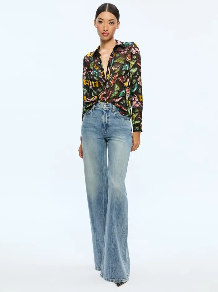 Tops Women Alice Olivia Eloise Button Down Boundless Butterfly Black