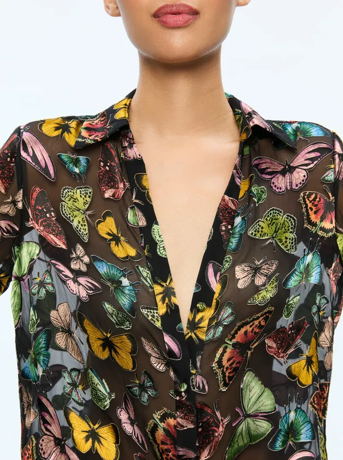 Tops Women Alice Olivia Eloise Button Down Boundless Butterfly Black